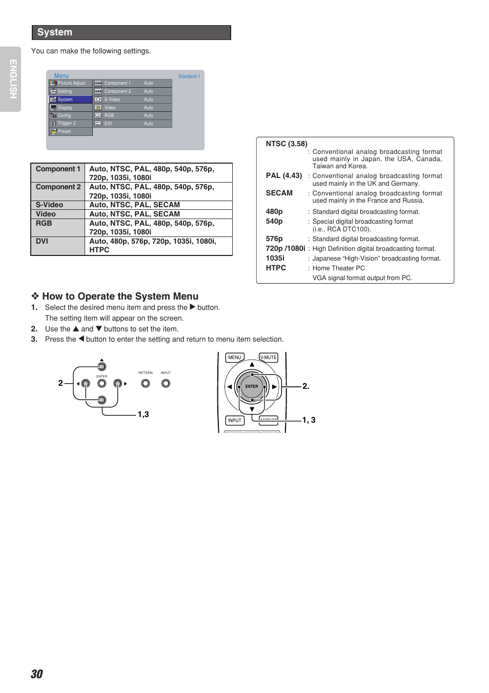 How to operate the system menu, System, English | Marantz Model VP-10S1 User Manual | Page 32 / 47