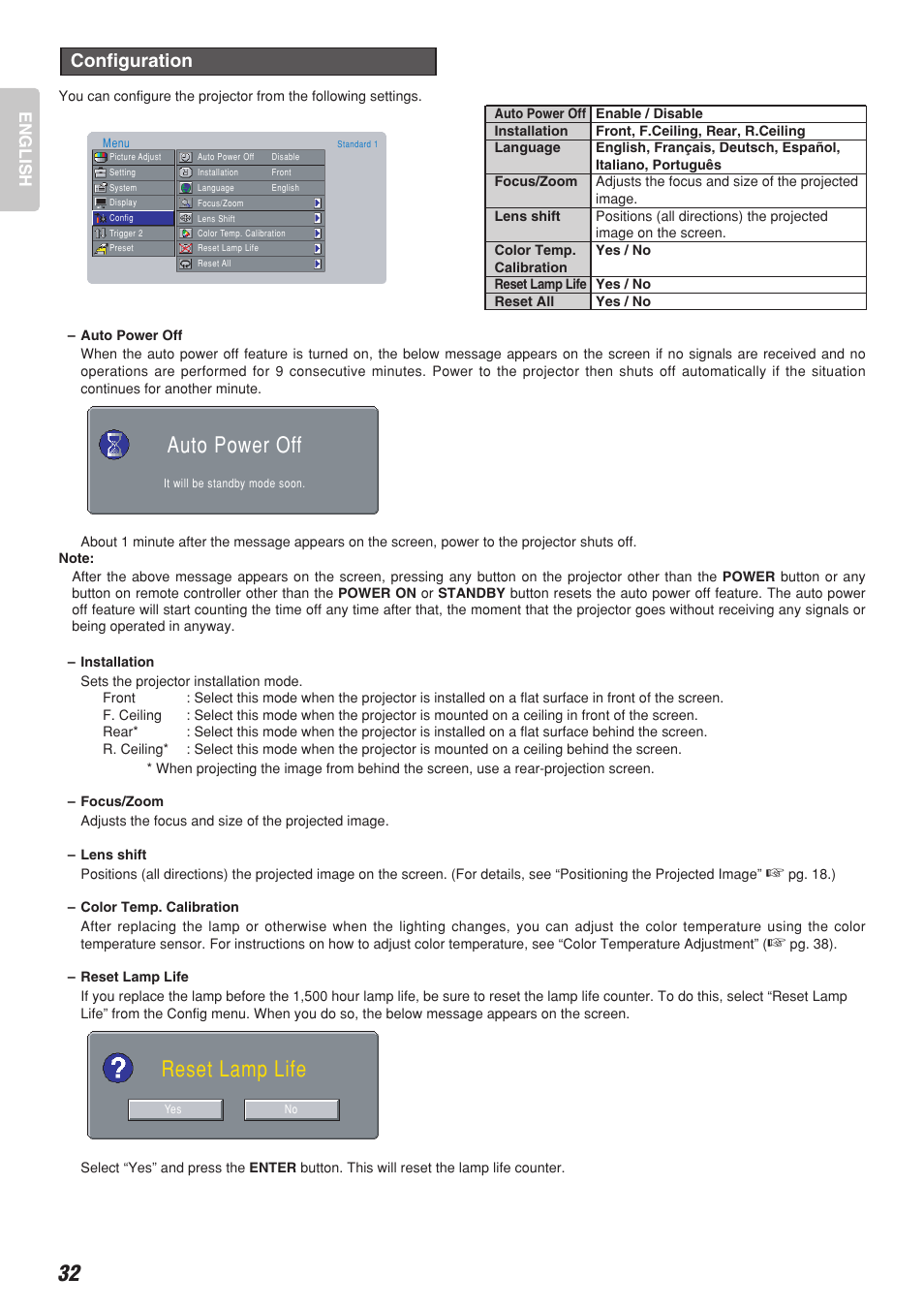 Reset lamp life, Auto power off, Configuration | English | Marantz Model VP-10S1 User Manual | Page 34 / 47