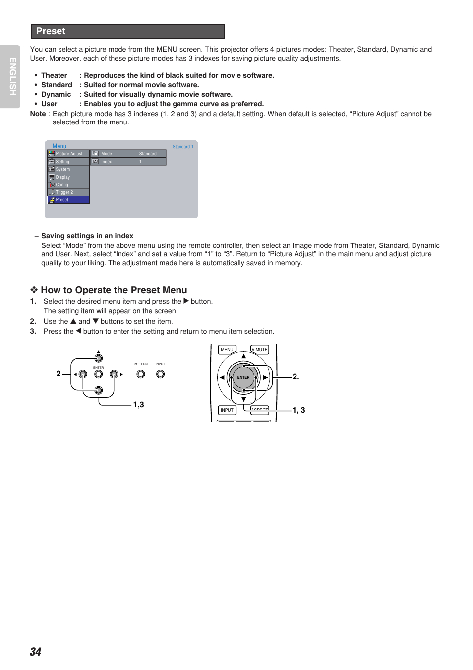 How to operate the preset menu, Preset, English | Marantz Model VP-10S1 User Manual | Page 36 / 47