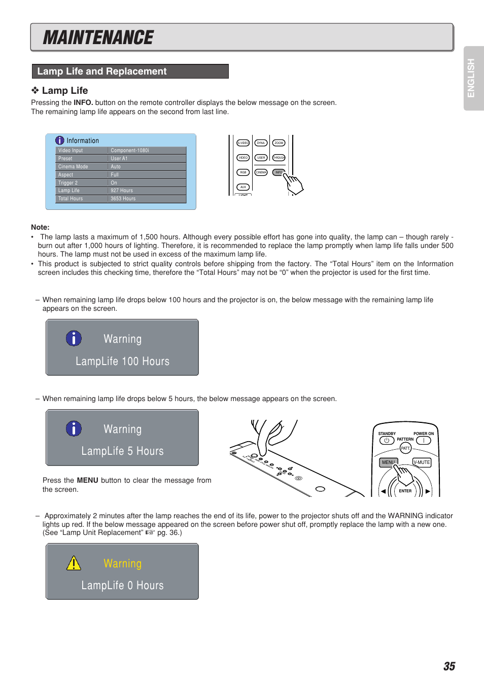 Maintenance, Lamplife 0 hours warning, Lamp life | Lamp life and replacement, English | Marantz Model VP-10S1 User Manual | Page 37 / 47