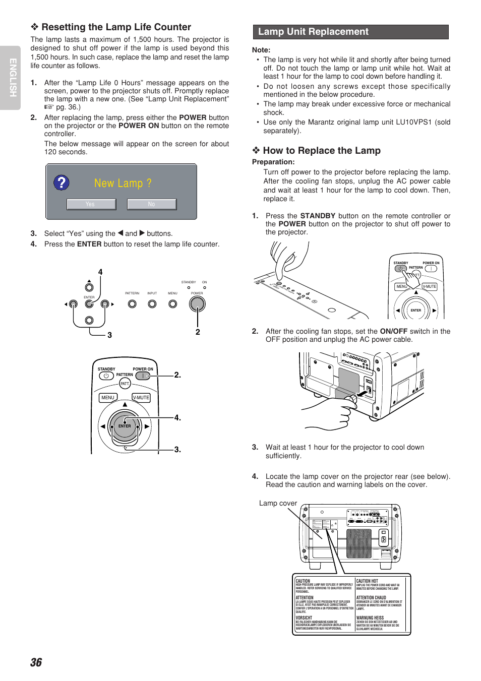 New lamp, Resetting the lamp life counter, How to replace the lamp | Lamp unit replacement, English | Marantz Model VP-10S1 User Manual | Page 38 / 47