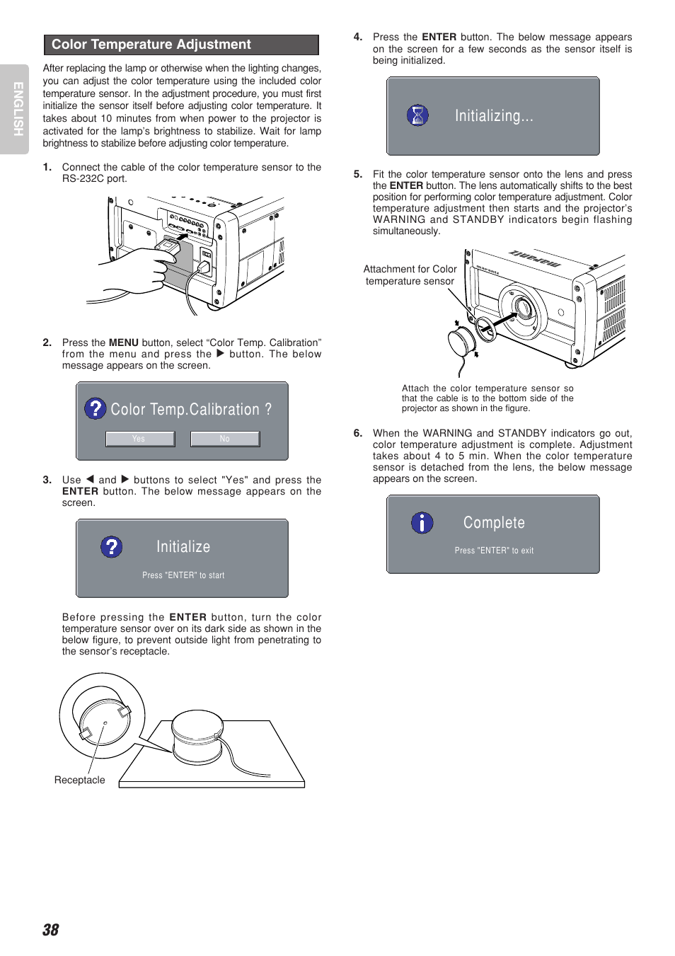 Complete initializing, Initialize color temp.calibration, Color temperature adjustment | Marantz Model VP-10S1 User Manual | Page 40 / 47