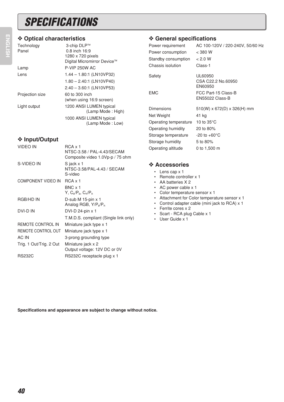 Specifications, Optical characteristics, Input/output | General specifications, Accessories | Marantz Model VP-10S1 User Manual | Page 42 / 47