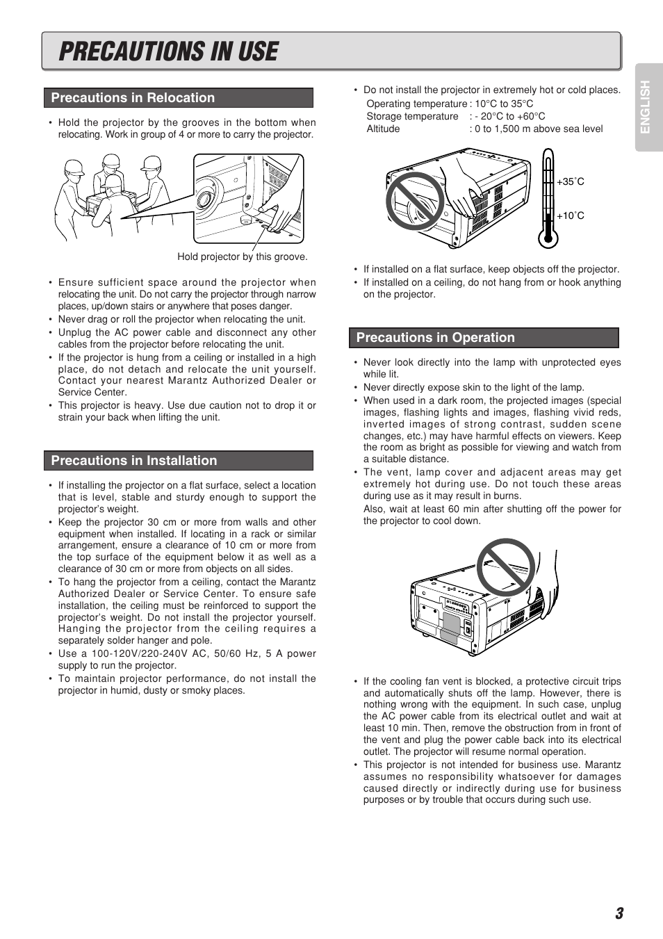 Precautions in use, Precautions in operation | Marantz Model VP-10S1 User Manual | Page 5 / 47