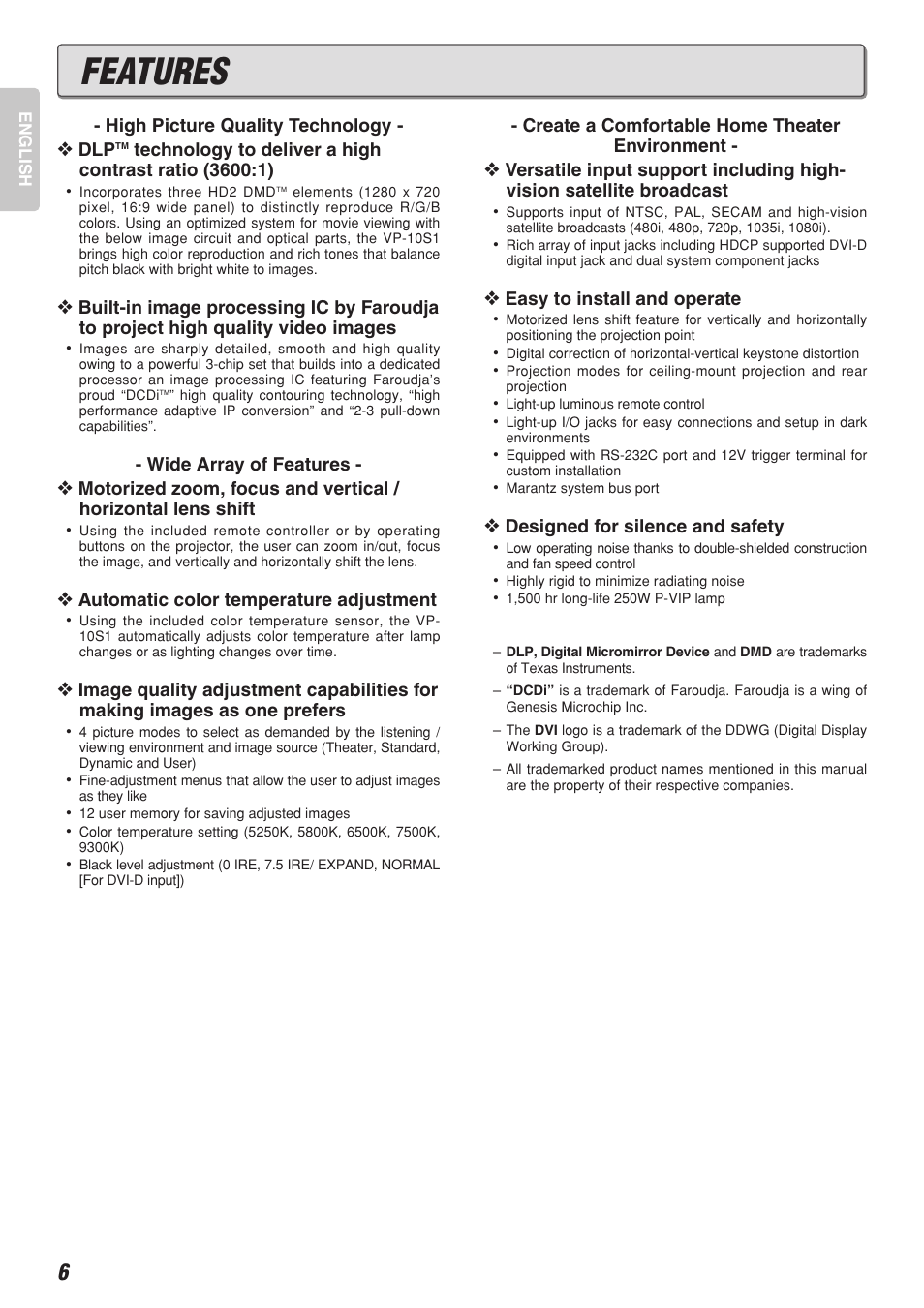 Features | Marantz Model VP-10S1 User Manual | Page 8 / 47