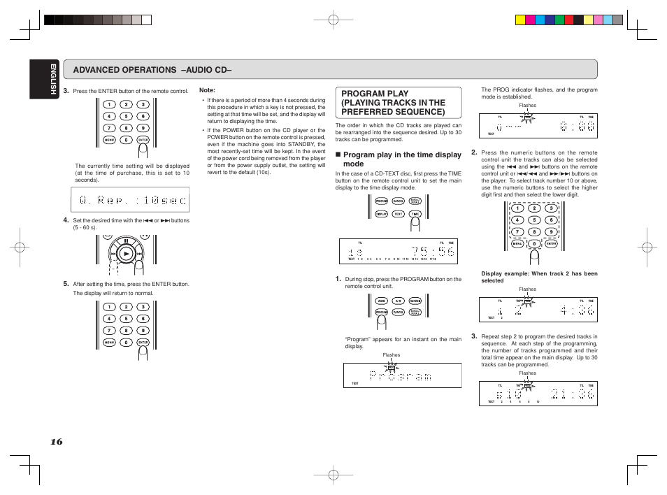 Advanced operations –audio cd, 7 program play in the time display mode | Marantz CD6002 User Manual | Page 19 / 34