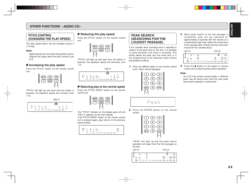 Peak search (searching for the loudest passage), 7 increasing the play speed, 7 reducing the play speed | 7 returning play to the normal speed | Marantz CD6002 User Manual | Page 24 / 34