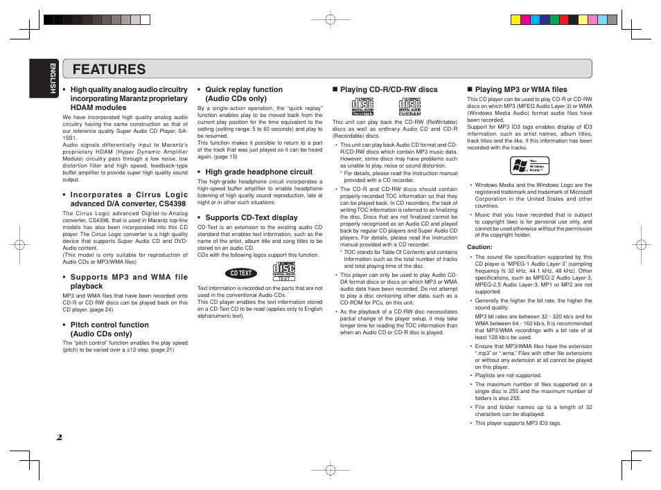 Features | Marantz CD6002 User Manual | Page 5 / 34