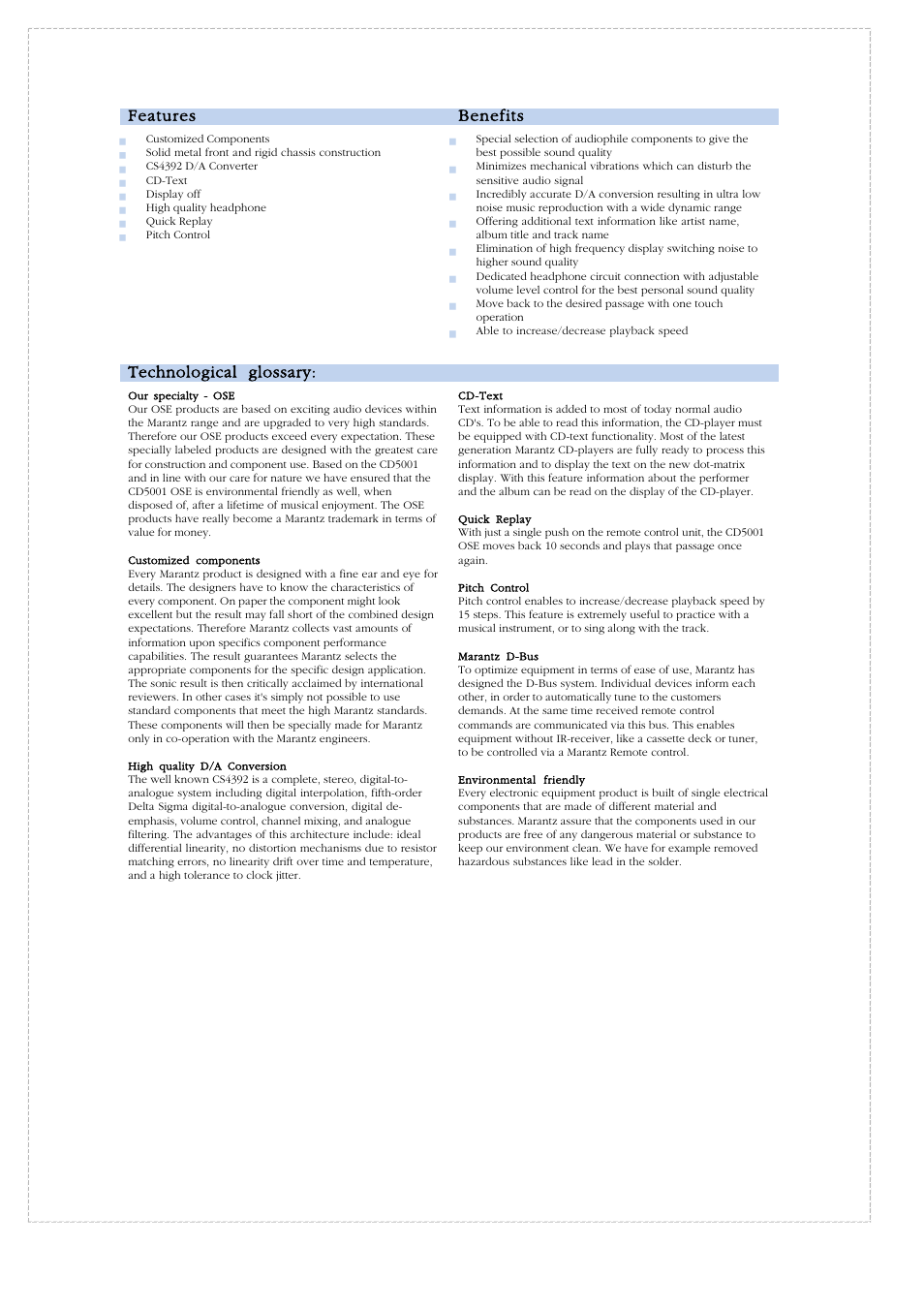 Features benefits, Technological glossary | Marantz CD5001OSE User Manual | Page 2 / 4