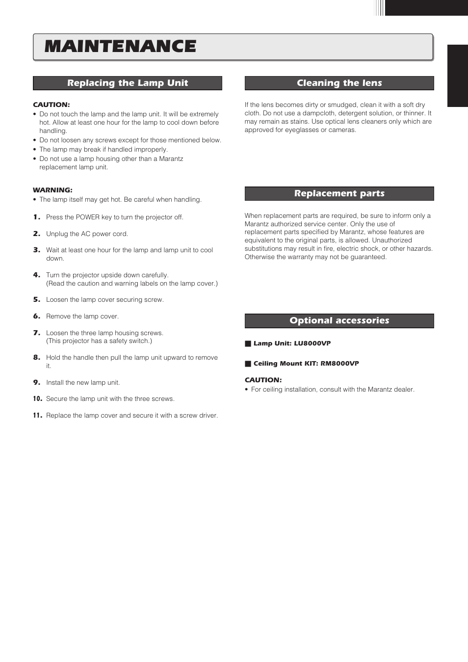 Maintenance | Marantz VP8100 User Manual | Page 20 / 24