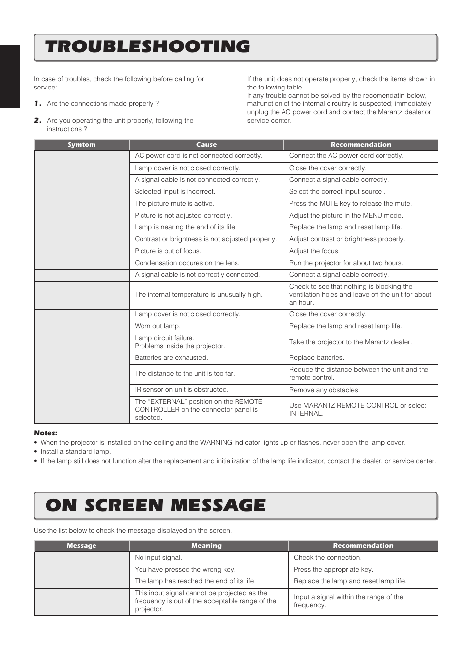 Troubleshooting on screen message | Marantz VP8100 User Manual | Page 21 / 24