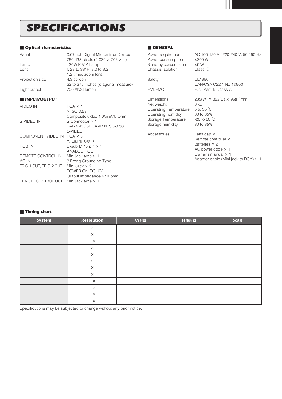 Specifications, English | Marantz VP8100 User Manual | Page 22 / 24