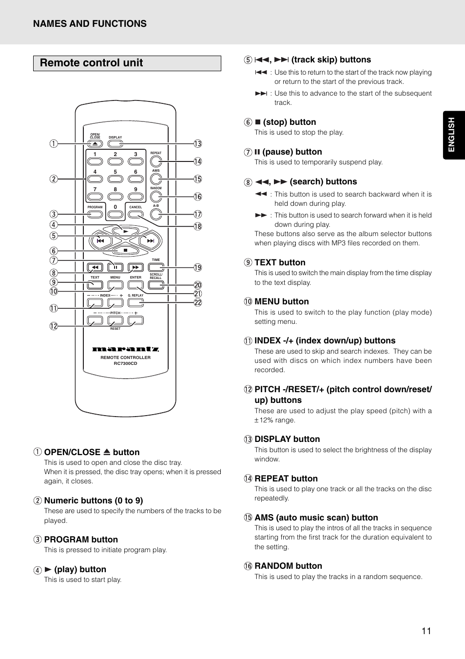 Remote control unit, Names and functions, Track skip) buttons | Stop) button, Pause) button, Search) buttons, Text button, Menu button, Index -/+ (index down/up) buttons, Display button | Marantz PMD325 User Manual | Page 15 / 52