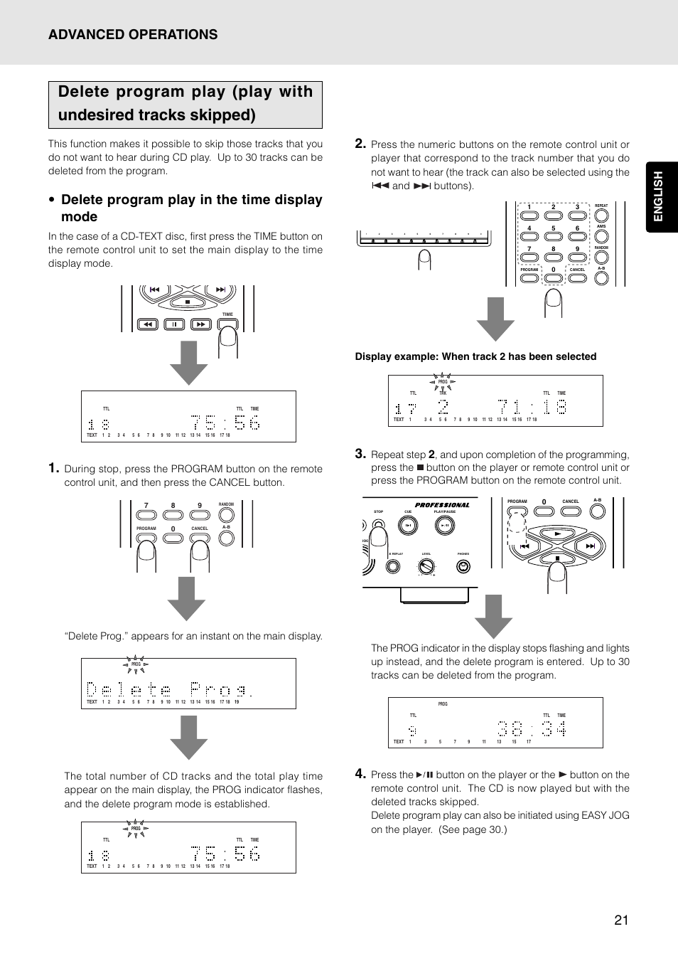 Delete program play in the time display mode, Advanced operations 2, English | Repeat step | Marantz PMD325 User Manual | Page 25 / 52