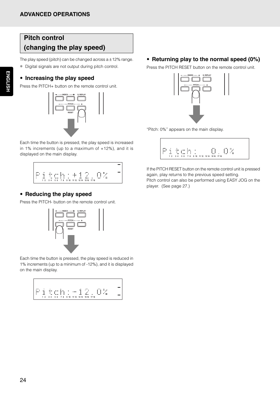 Pitch control (changing the play speed), Increasing the play speed, Reducing the play speed | English | Marantz PMD325 User Manual | Page 28 / 52