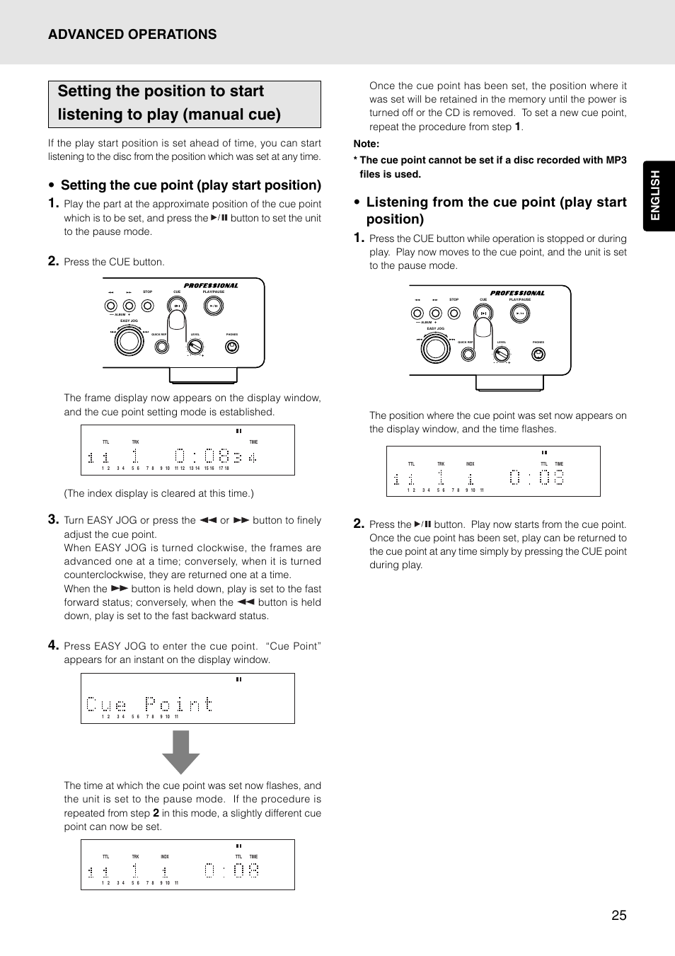 25 advanced operations, Setting the cue point (play start position) 1, English | Marantz PMD325 User Manual | Page 29 / 52