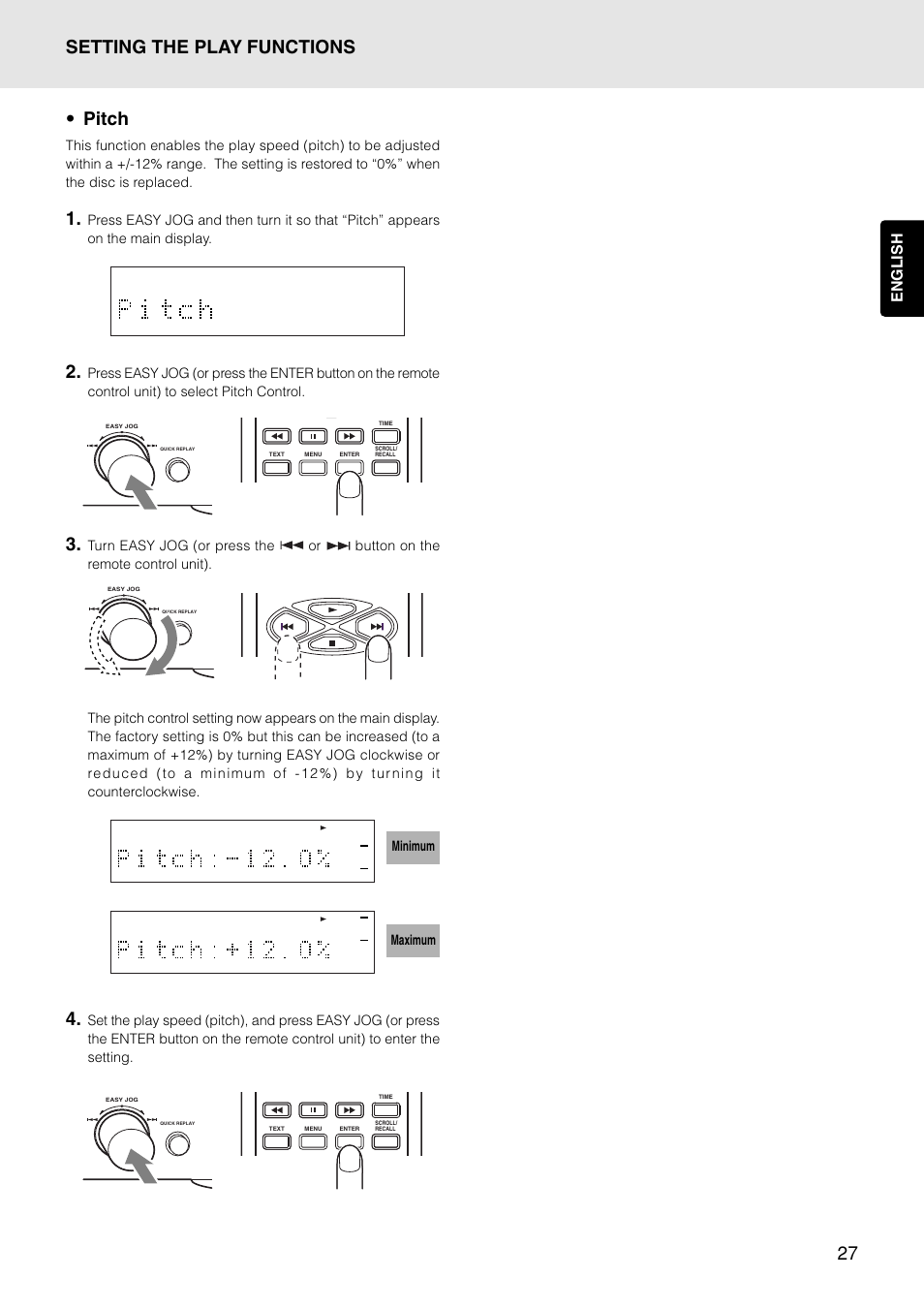 27 • pitch, Setting the play functions, English | Marantz PMD325 User Manual | Page 31 / 52