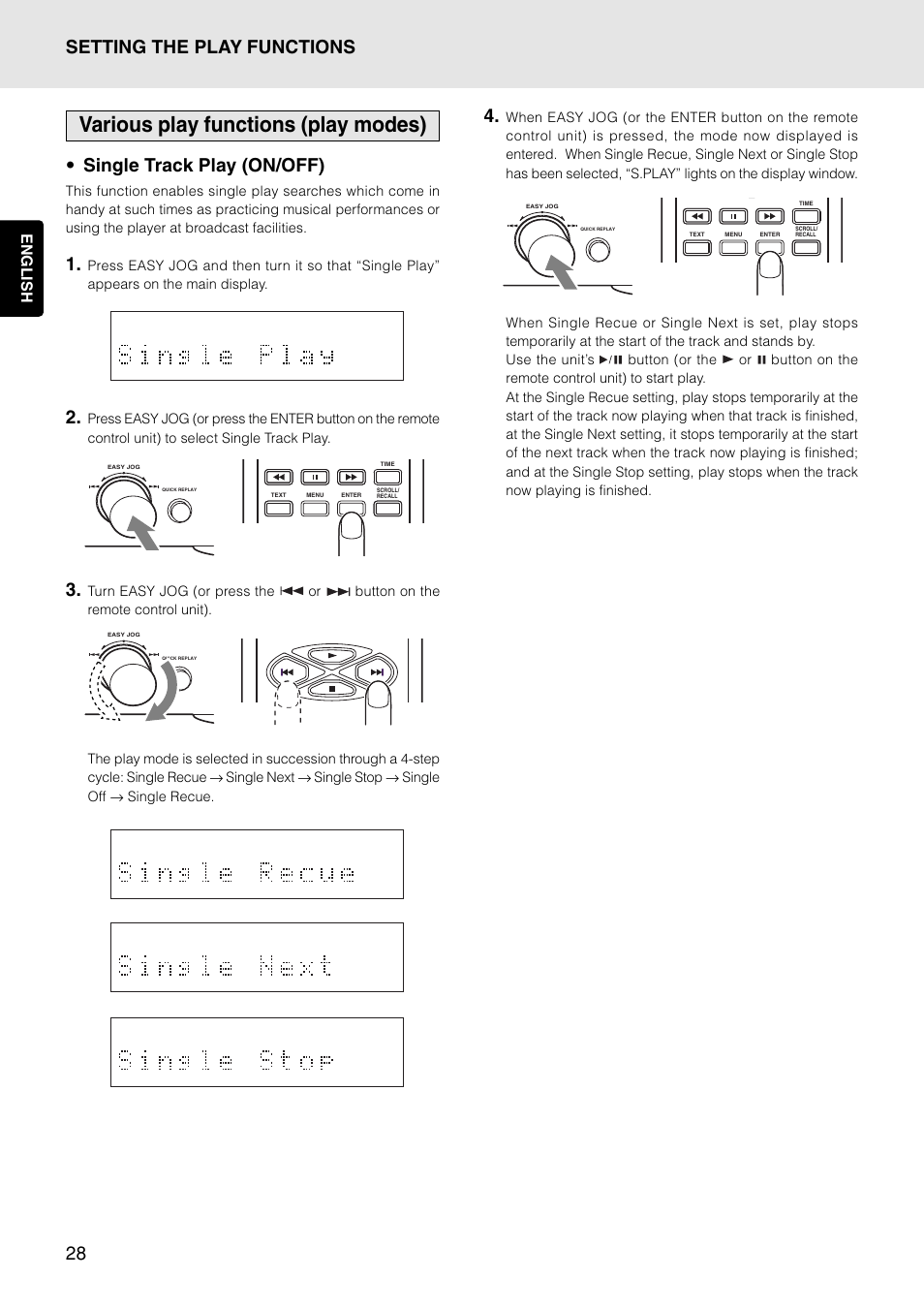 Various play functions (play modes), Single track play (on/off), Setting the play functions | English | Marantz PMD325 User Manual | Page 32 / 52