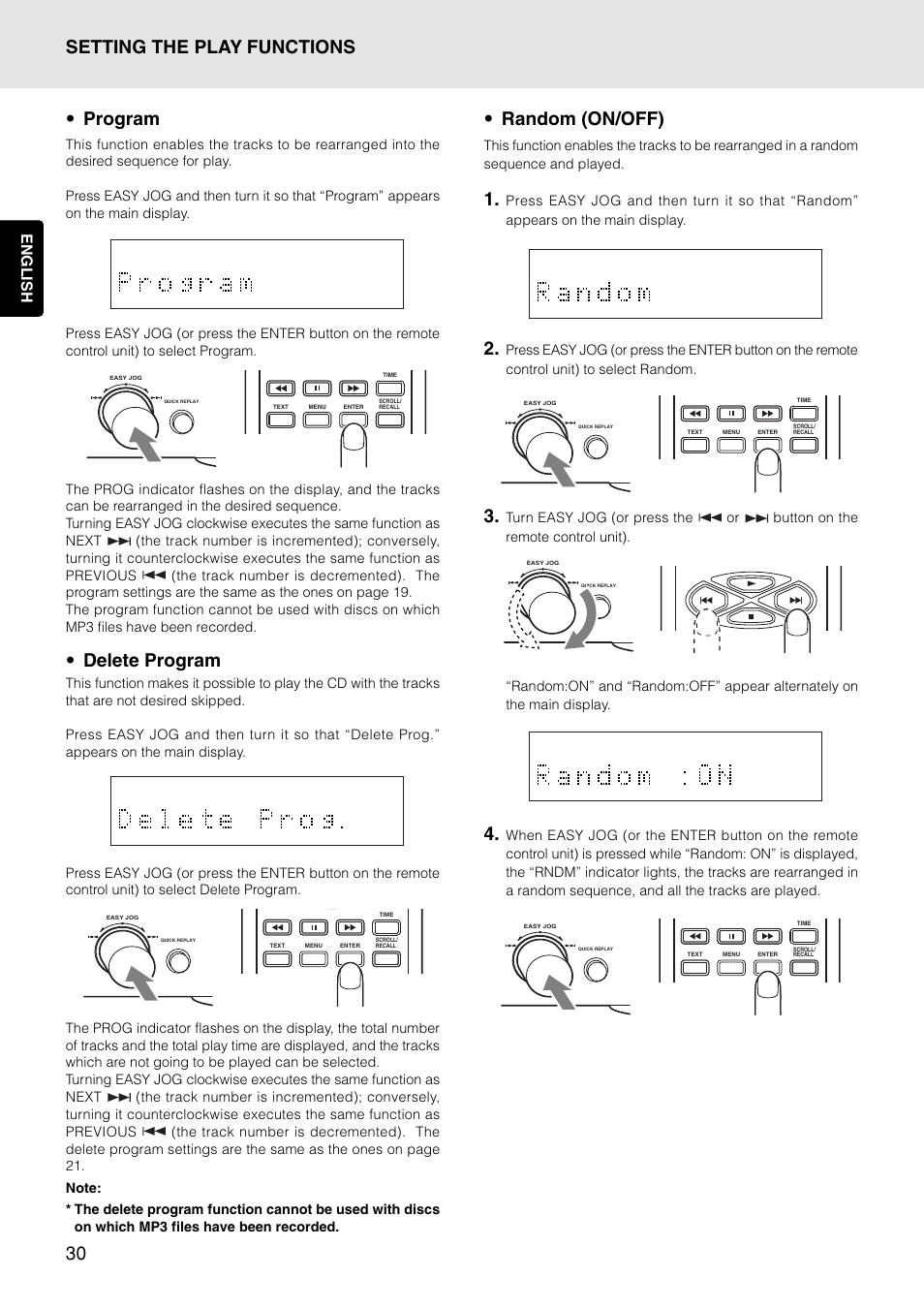 30 • program, Delete program, Setting the play functions • random (on/off) | English | Marantz PMD325 User Manual | Page 34 / 52