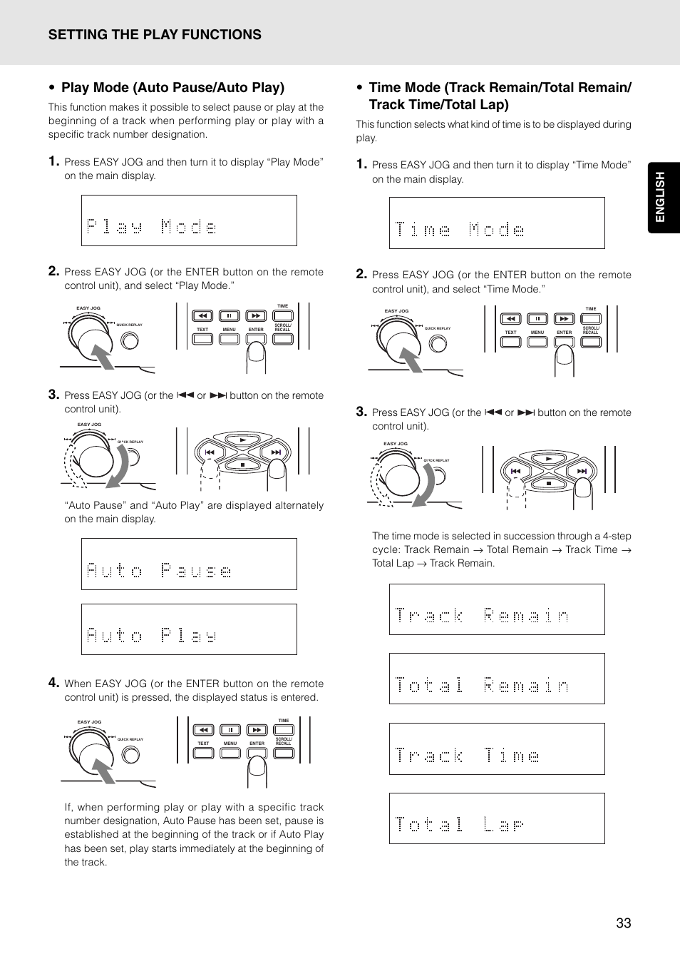 33 • play mode (auto pause/auto play), Setting the play functions, English | Marantz PMD325 User Manual | Page 37 / 52