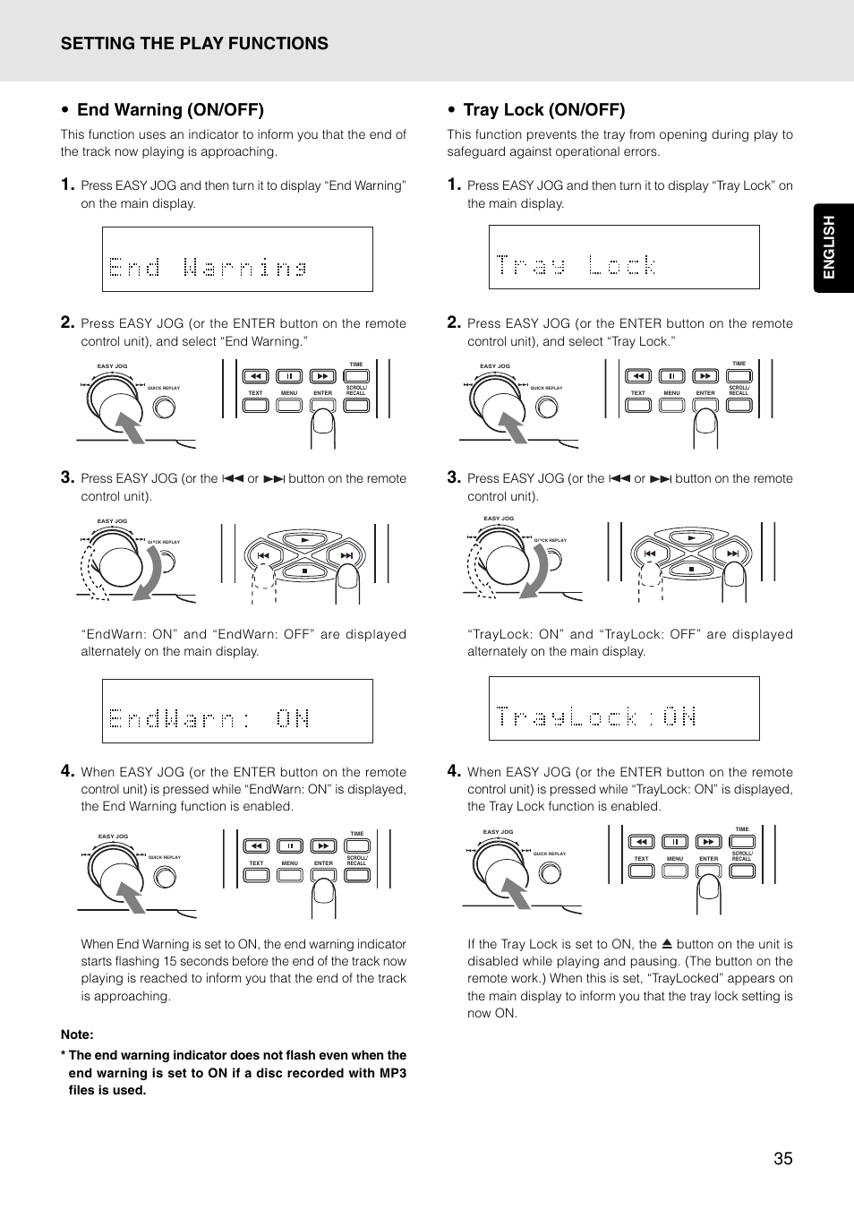 35 • end warning (on/off), Tray lock (on/off), Setting the play functions | English | Marantz PMD325 User Manual | Page 39 / 52