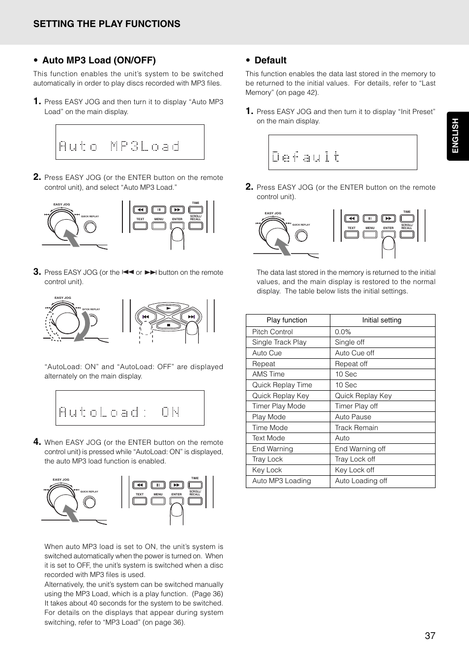 37 • auto mp3 load (on/off), Default, Setting the play functions | English | Marantz PMD325 User Manual | Page 41 / 52