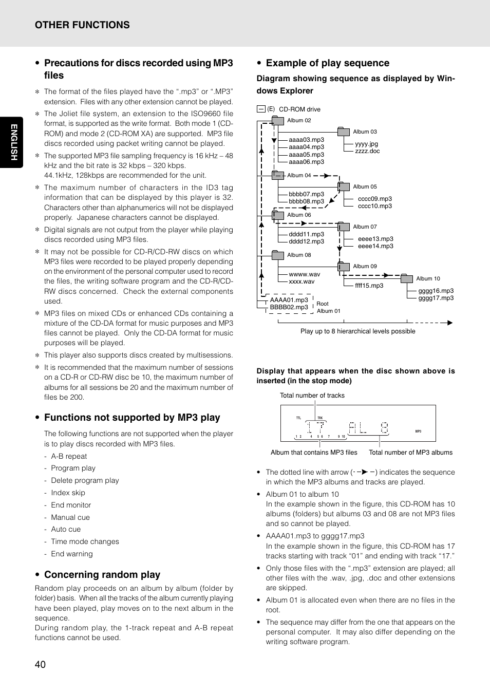 Functions not supported by mp3 play, Concerning random play, Other functions • example of play sequence | Marantz PMD325 User Manual | Page 44 / 52