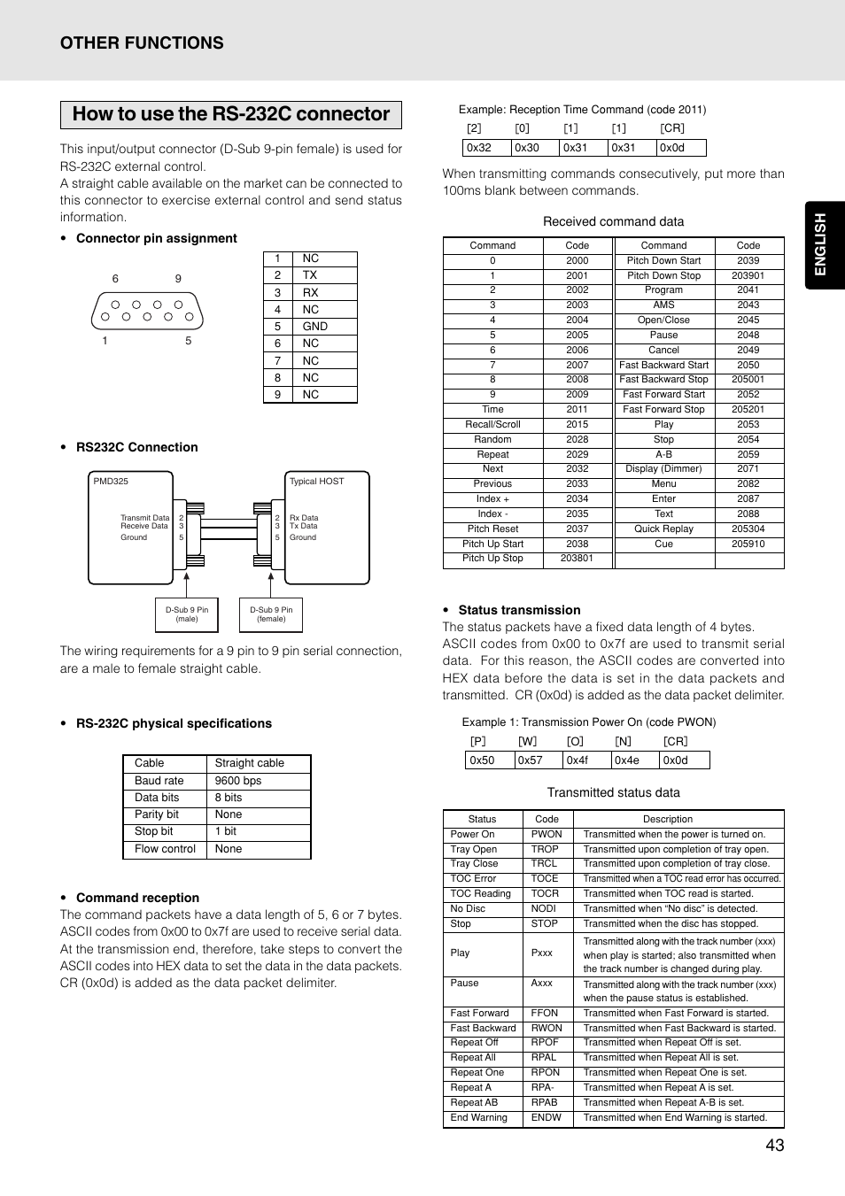 How to use the rs-232c connector, Other functions, English | Marantz PMD325 User Manual | Page 47 / 52