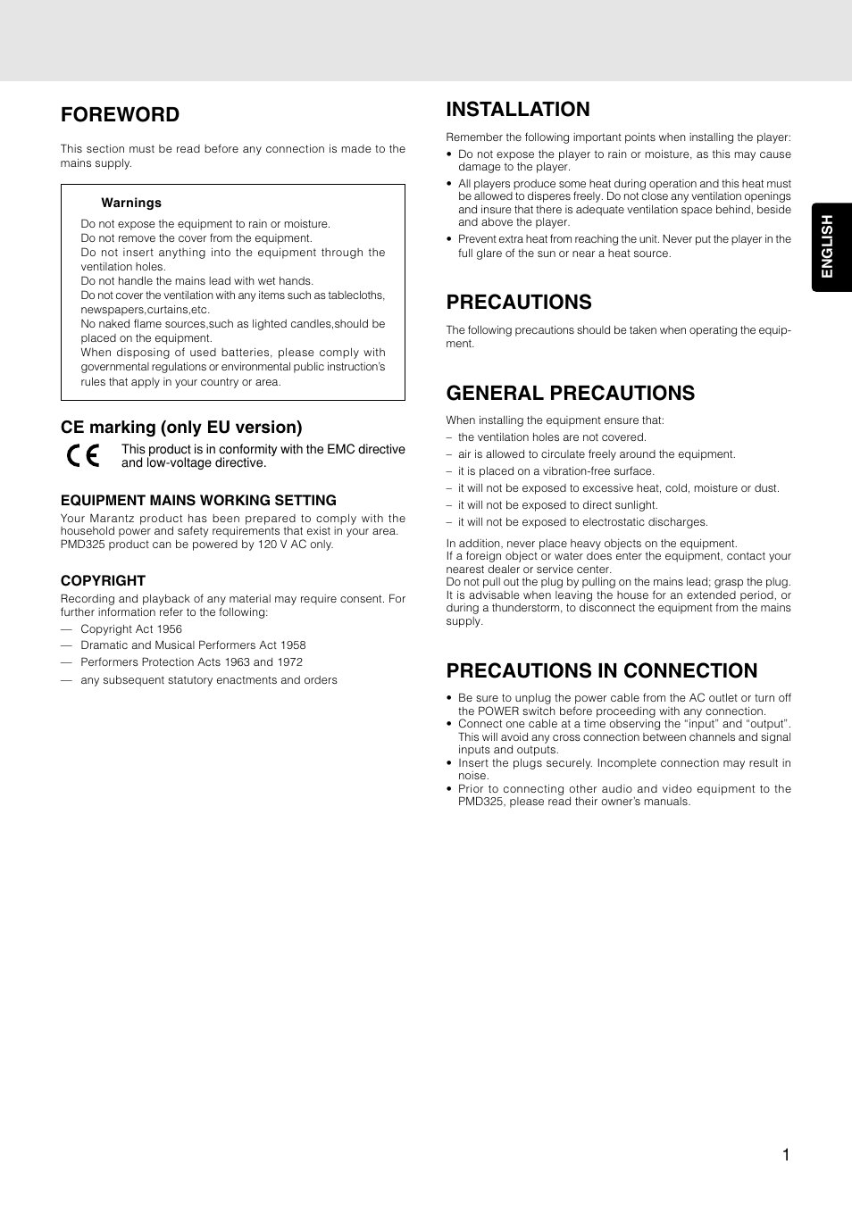 Foreword, Installation, Precautions | General precautions, Precautions in connection, Ce marking (only eu version) | Marantz PMD325 User Manual | Page 5 / 52