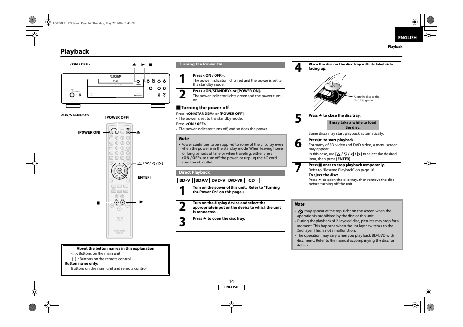 Playback, Turning the power on direct playback | Marantz BD8002 User Manual | Page 17 / 44