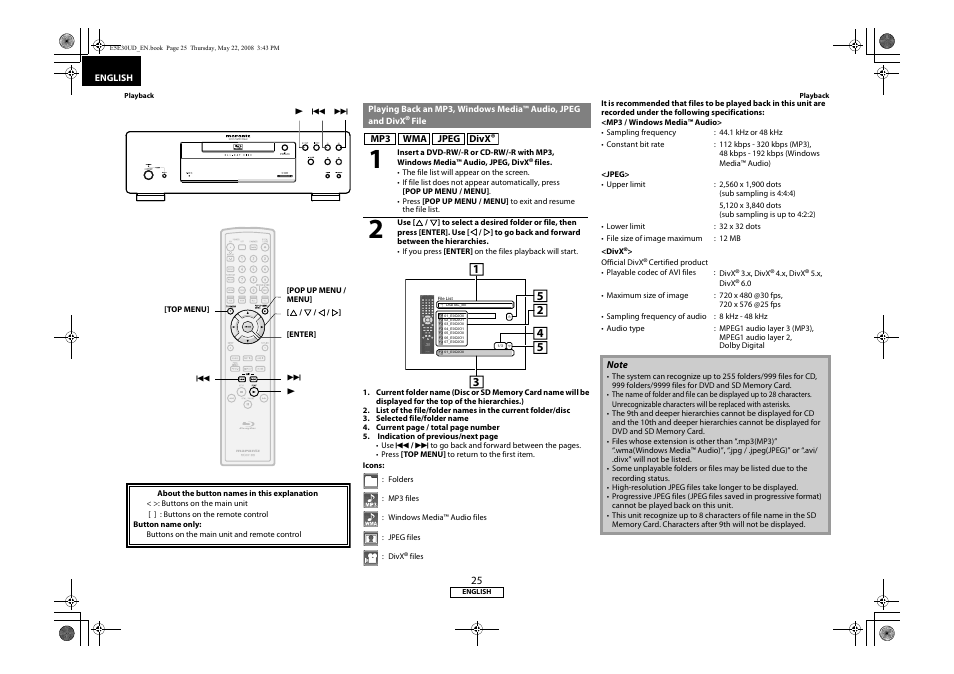 Playing back an mp3, windows media™ audio, Jpeg and divx® file | Marantz BD8002 User Manual | Page 28 / 44