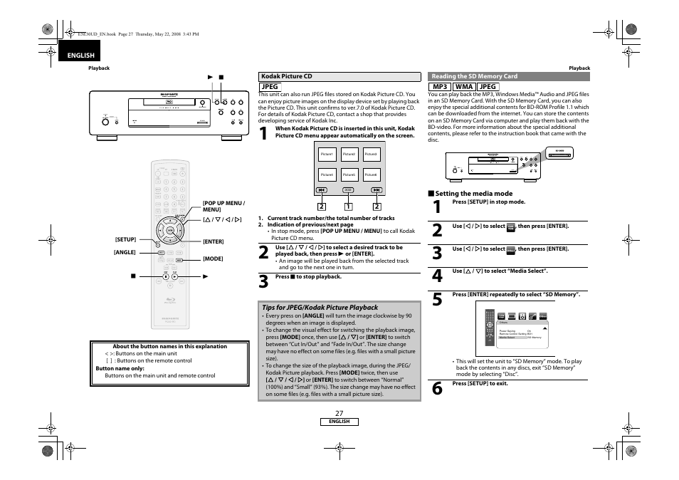 Kodak picture cd, Reading the sd memory card | Marantz BD8002 User Manual | Page 30 / 44