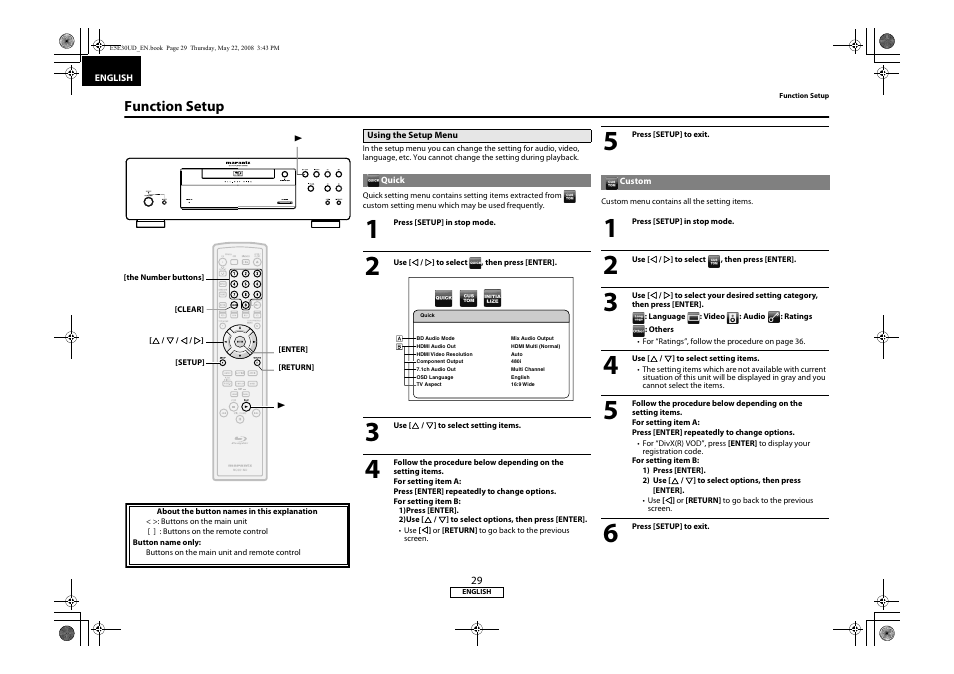 Function setup, Using the setup menu, Quick custom | Marantz BD8002 User Manual | Page 32 / 44