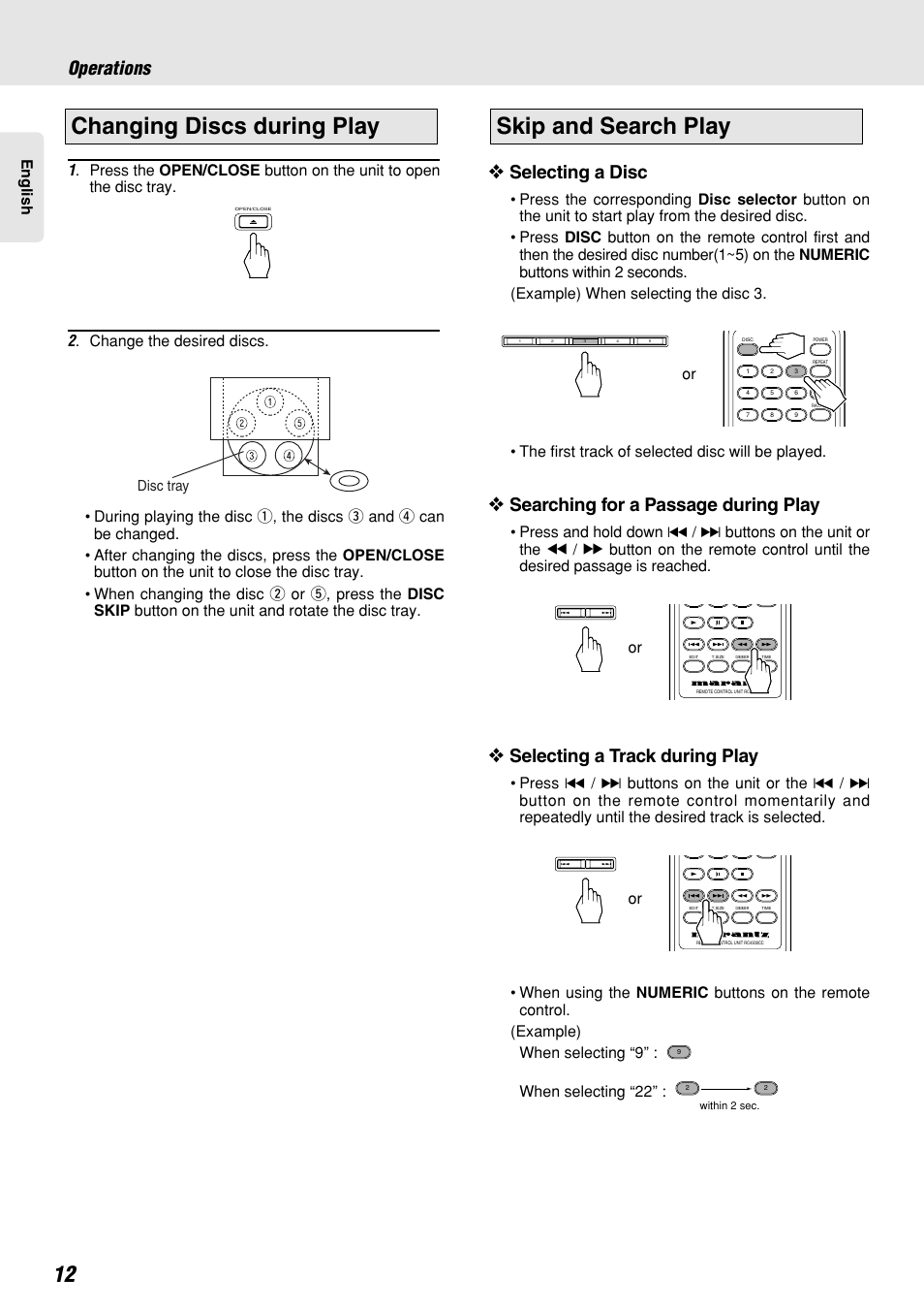 Skip and search play, Changing discs during play, Operations | Selecting a disc, Searching for a passage during play, Selecting a track during play | Marantz CC4300 User Manual | Page 16 / 34