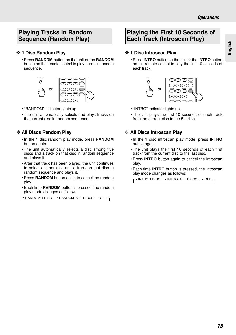 Playing tracks in random sequence (random play), Operations, 1 disc random play | All discs random play, 1 disc introscan play, All discs introscan play | Marantz CC4300 User Manual | Page 17 / 34