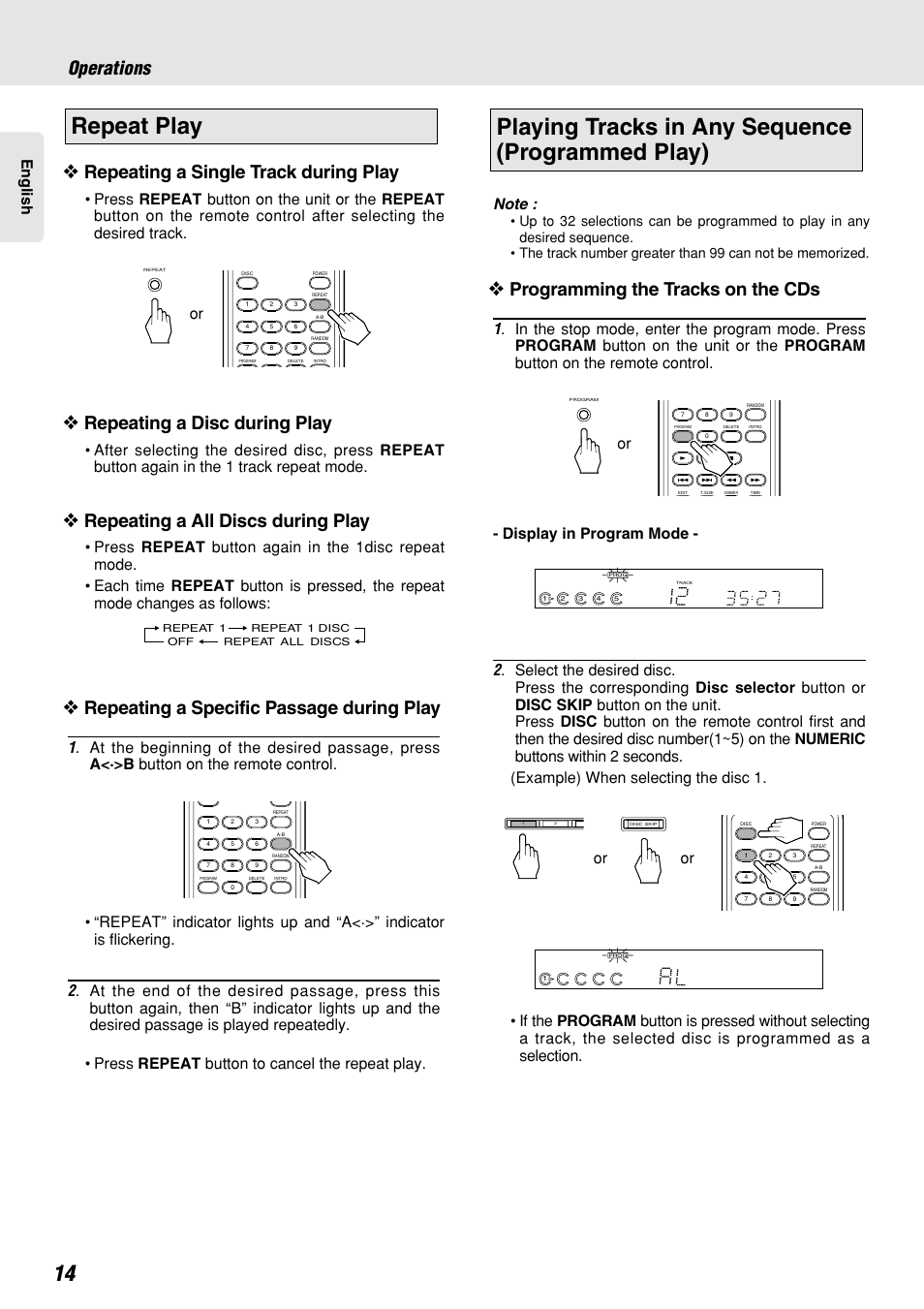 Playing tracks in any sequence (programmed play), Repeat play, Operations | Repeating a single track during play, Repeating a disc during play, Repeating a all discs during play, Repeating a specific passage during play, Programming the tracks on the cds, English | Marantz CC4300 User Manual | Page 18 / 34