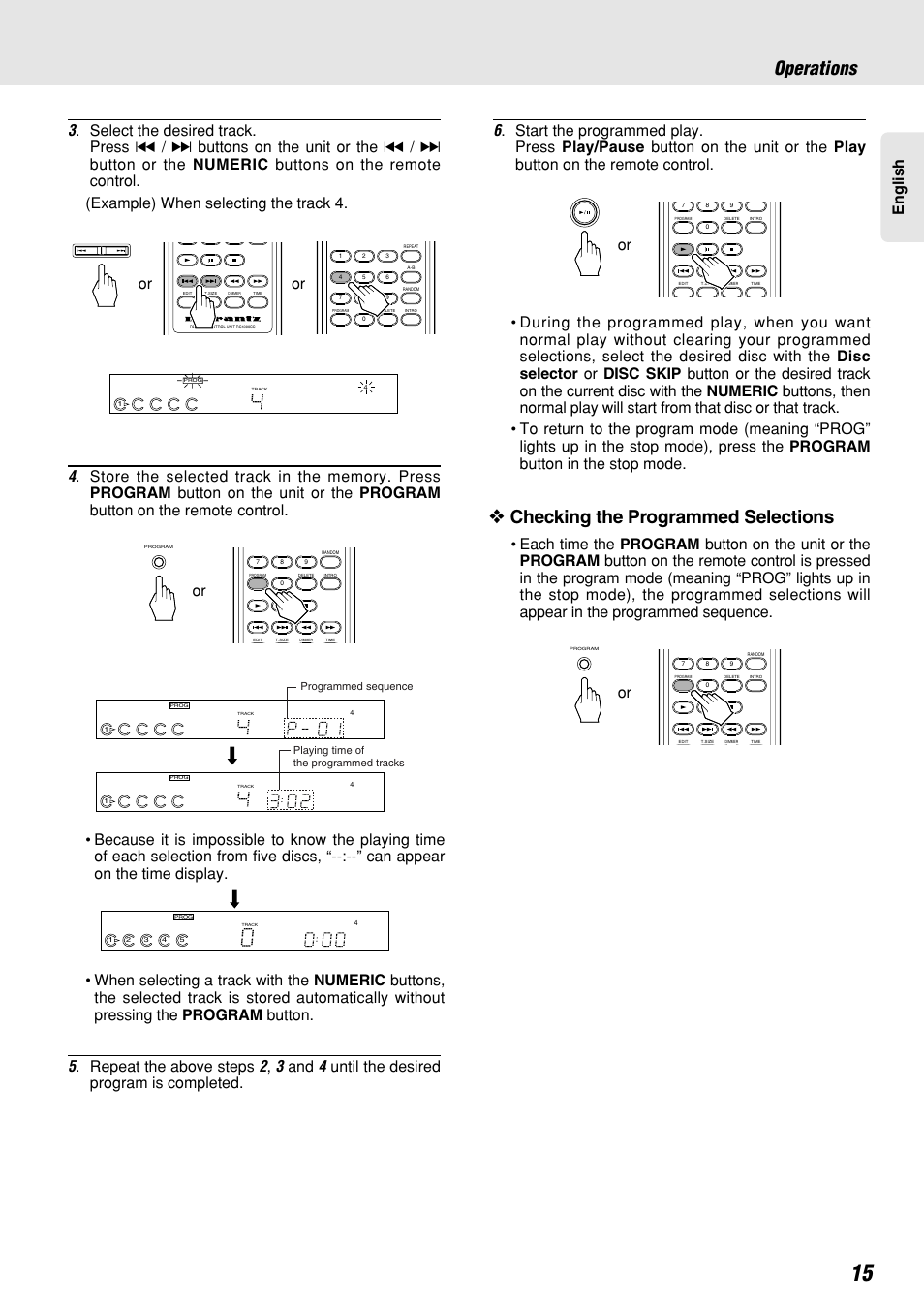 Operations, Checking the programmed selections, English | Select the desired track. press, Buttons on the unit or the | Marantz CC4300 User Manual | Page 19 / 34