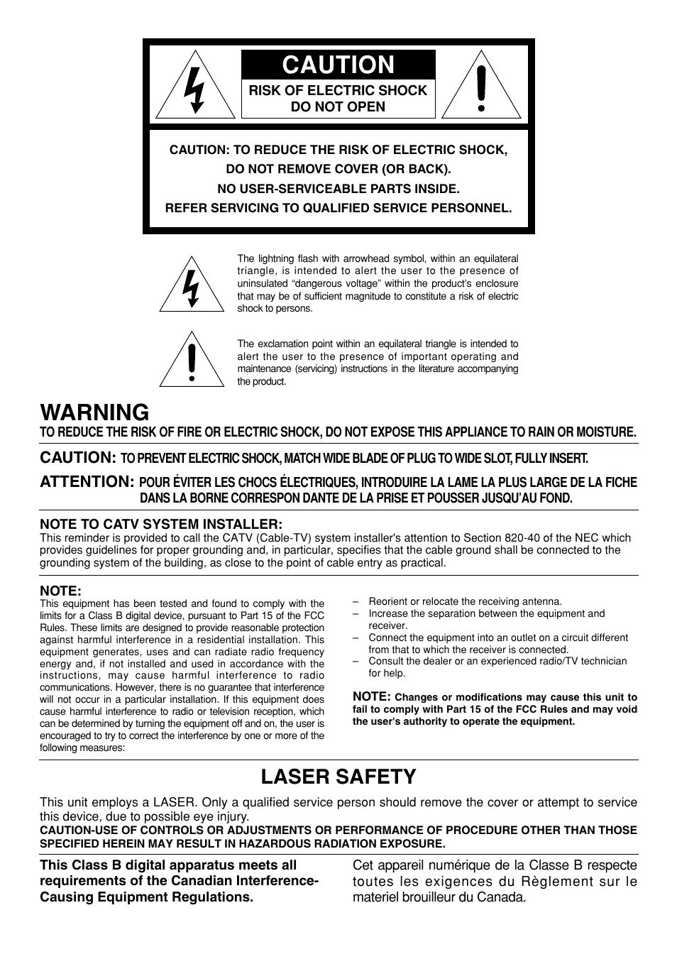 Caution, Warning, Laser safety | Attention | Marantz CC4300 User Manual | Page 2 / 34