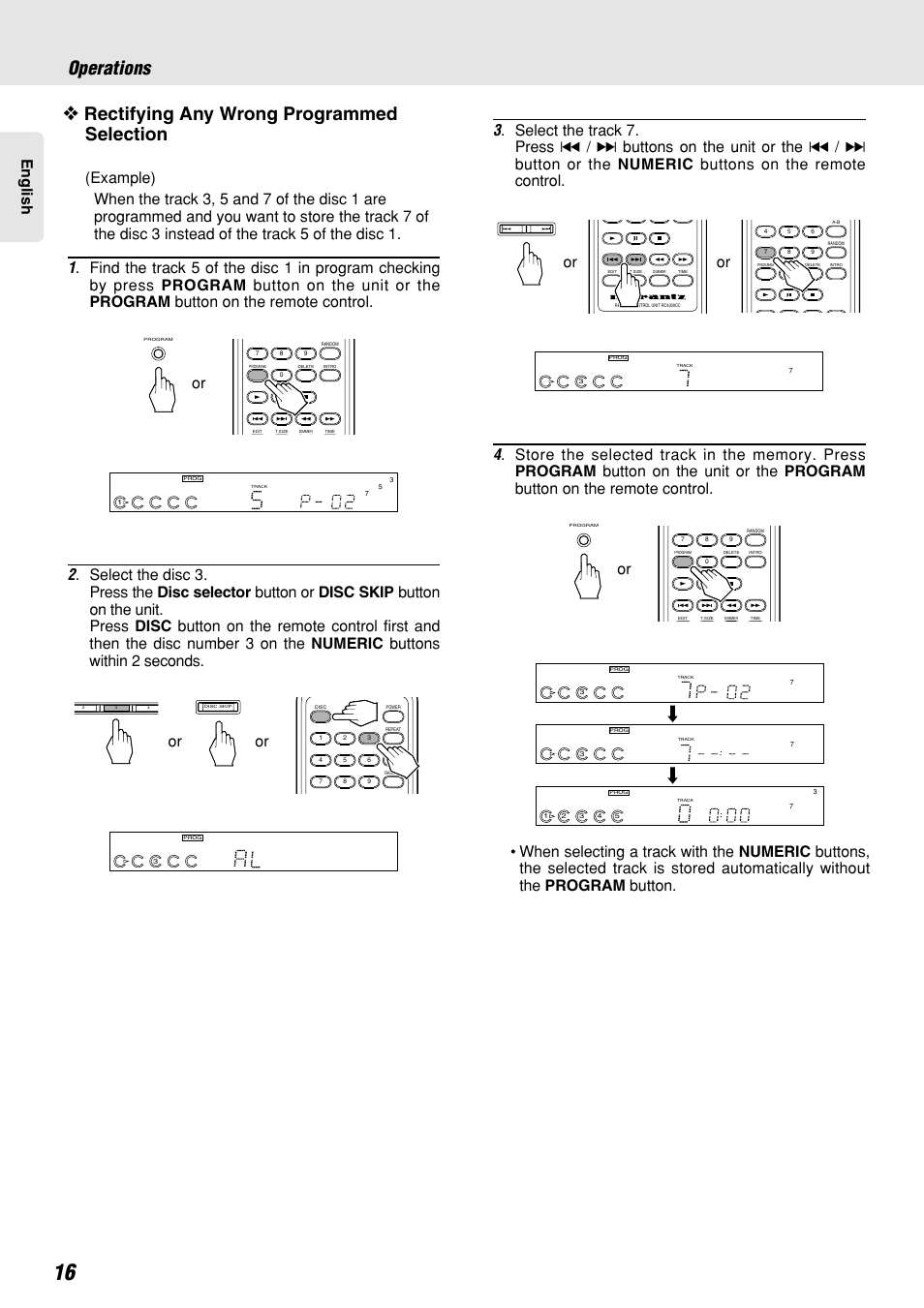 Operations, Rectifying any wrong programmed selection, English | Buttons on the unit or the | Marantz CC4300 User Manual | Page 20 / 34