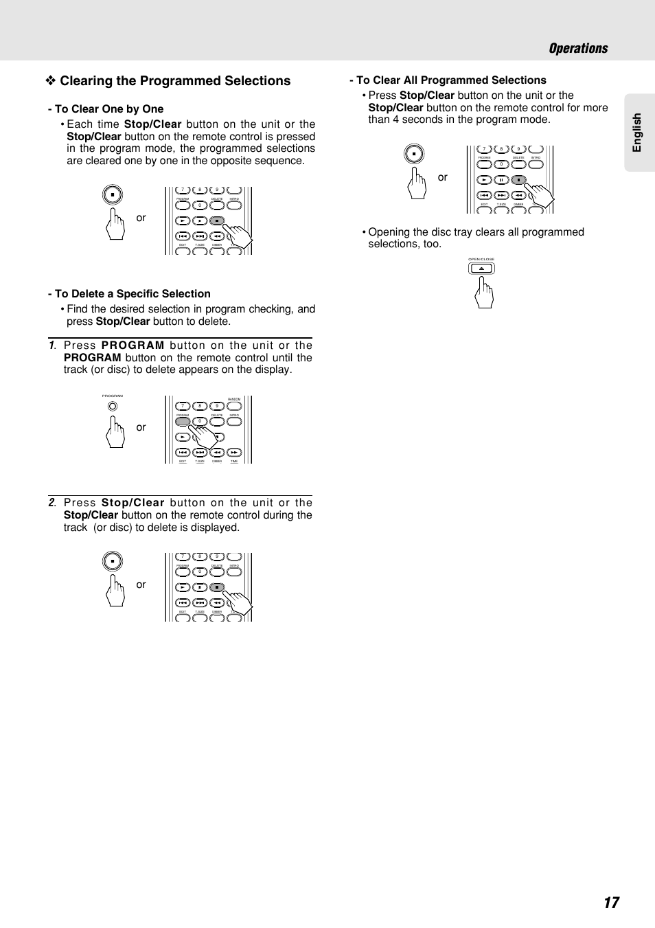 Clearing the programmed selections, Operations, English | Marantz CC4300 User Manual | Page 21 / 34