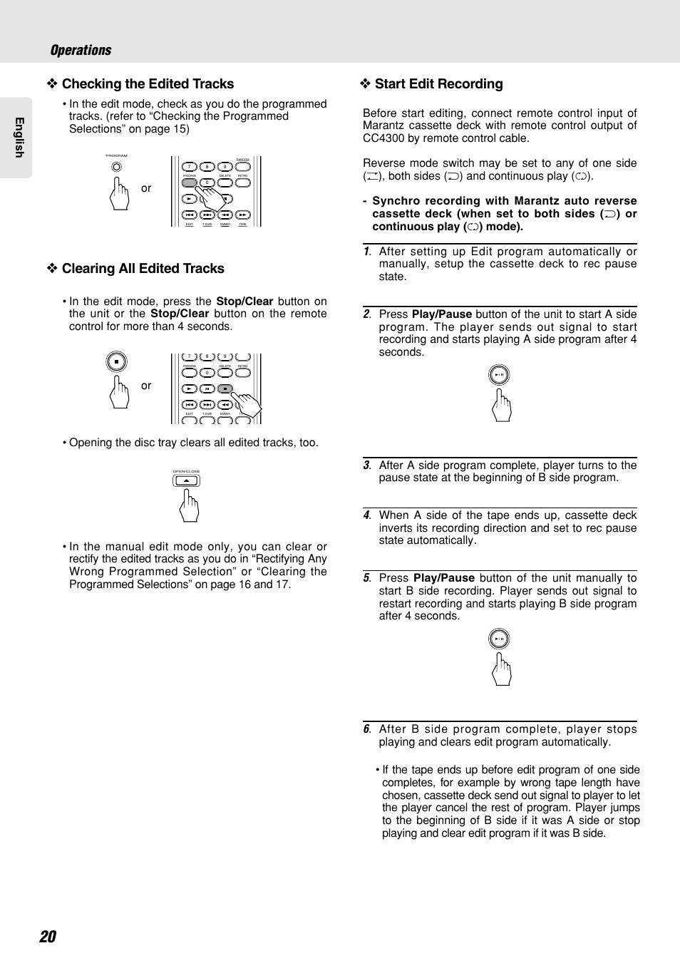 Operations, Checking the edited tracks, Clearing all edited tracks | Start edit recording | Marantz CC4300 User Manual | Page 24 / 34