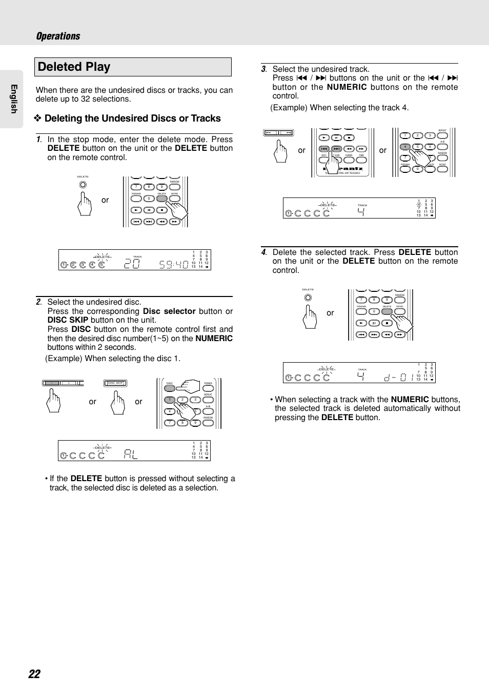 Deleted play, Operations, Deleting the undesired discs or tracks | English, Buttons on the unit or the | Marantz CC4300 User Manual | Page 26 / 34