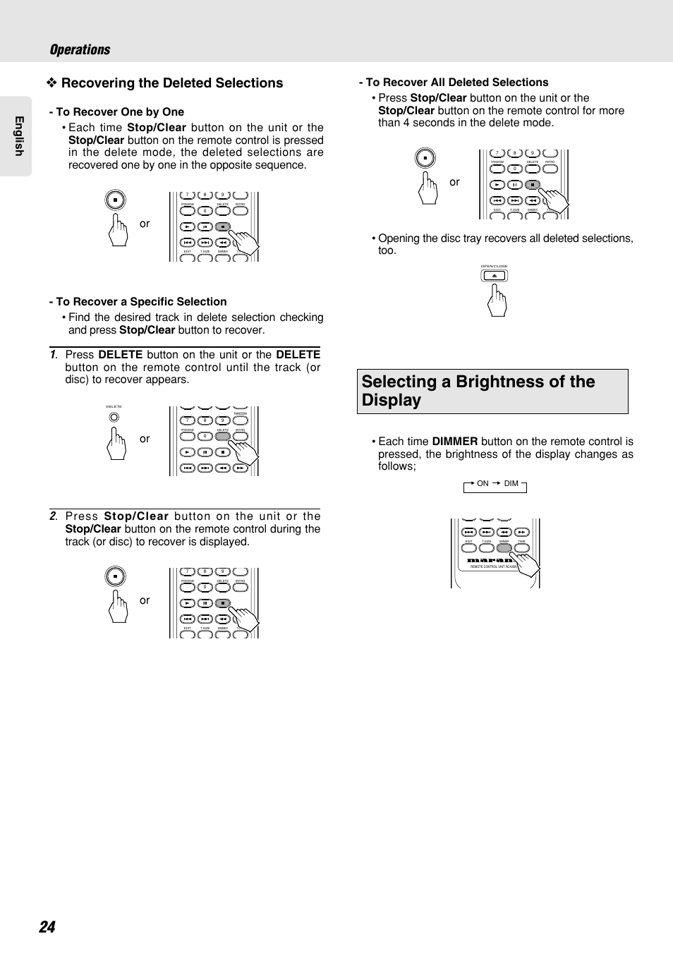 Selecting a brightness of the display, Operations, Recovering the deleted selections | English | Marantz CC4300 User Manual | Page 28 / 34