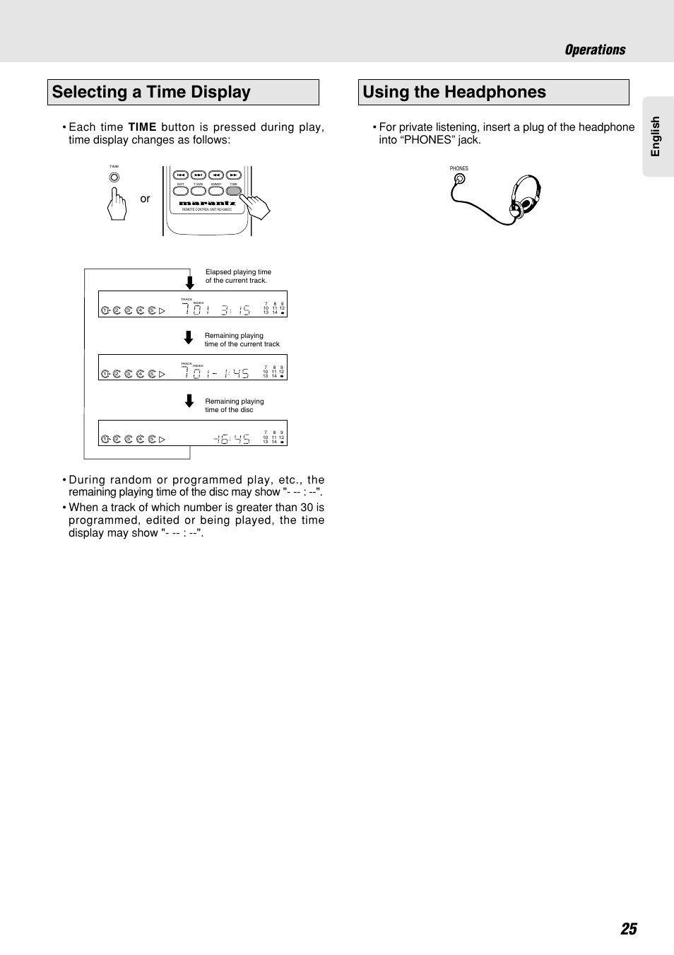 Using the headphones, Selecting a time display, Operations | Marantz CC4300 User Manual | Page 29 / 34