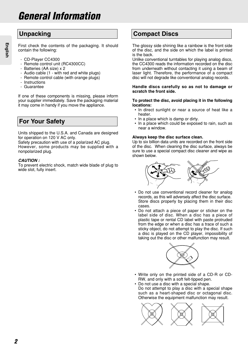 General information, Compact discs for your safety unpacking | Marantz CC4300 User Manual | Page 6 / 34