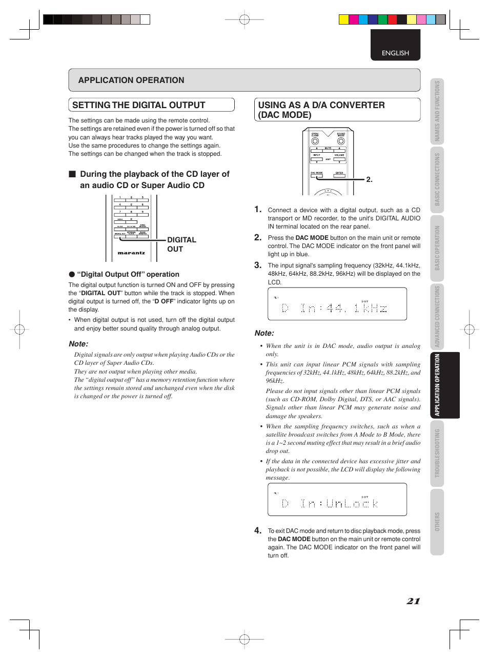 Setting the digital output, Using as a d/a converter (dac mode) | Marantz SA-15S2 User Manual | Page 27 / 34