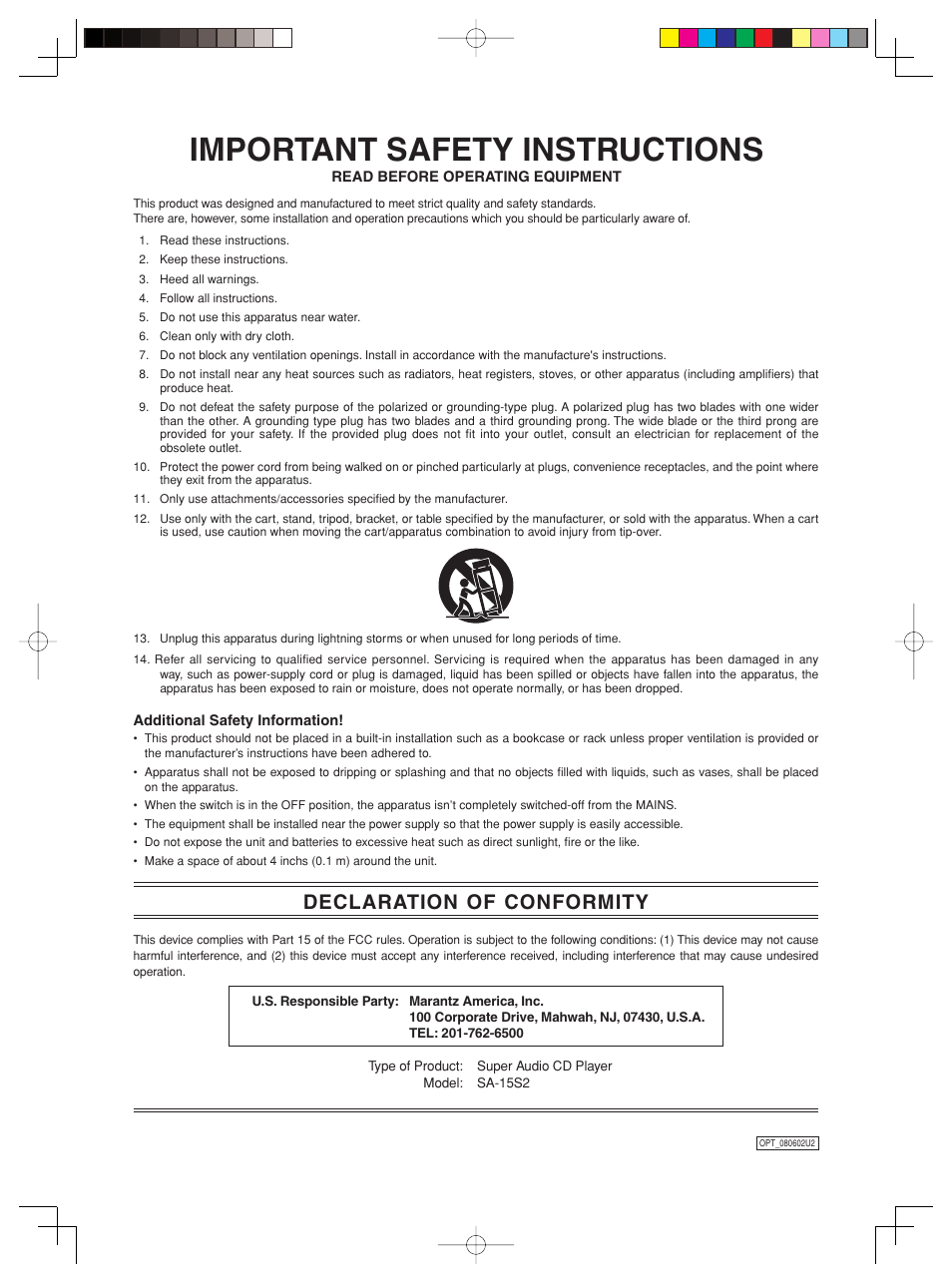 Important safety instructions, Declaration of conformity | Marantz SA-15S2 User Manual | Page 3 / 34