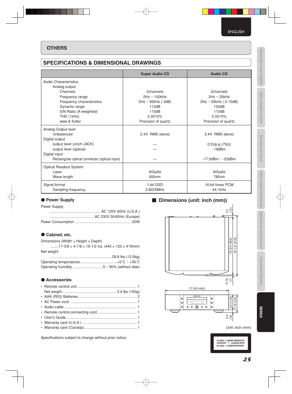 Specifications & dimensional drawings, Others, Dimensions (unit: inch (mm)) | Marantz SA-15S2 User Manual | Page 31 / 34