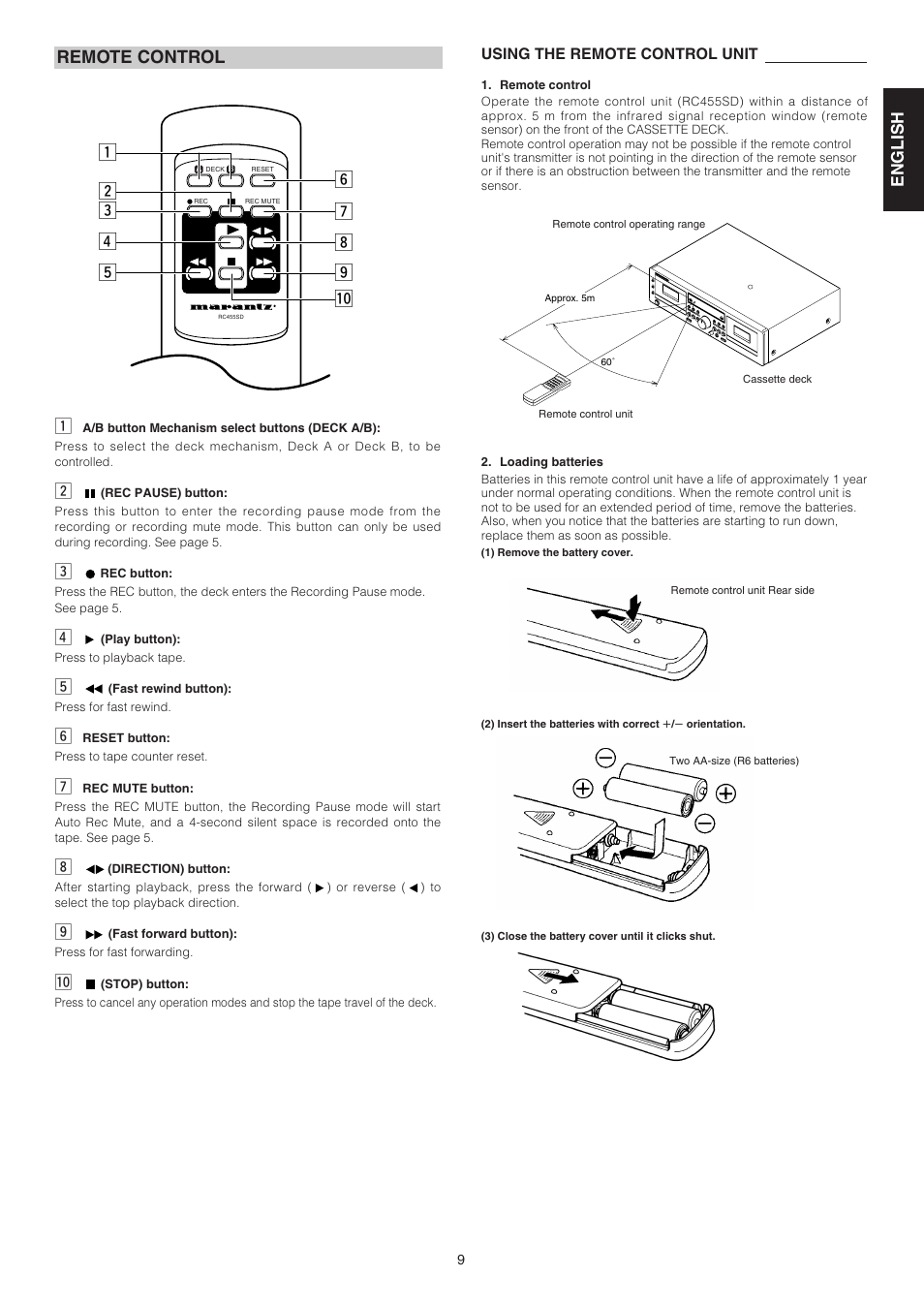 Remote control, English fran ç ais esp a ñ ol z | Marantz PMD505 User Manual | Page 14 / 17