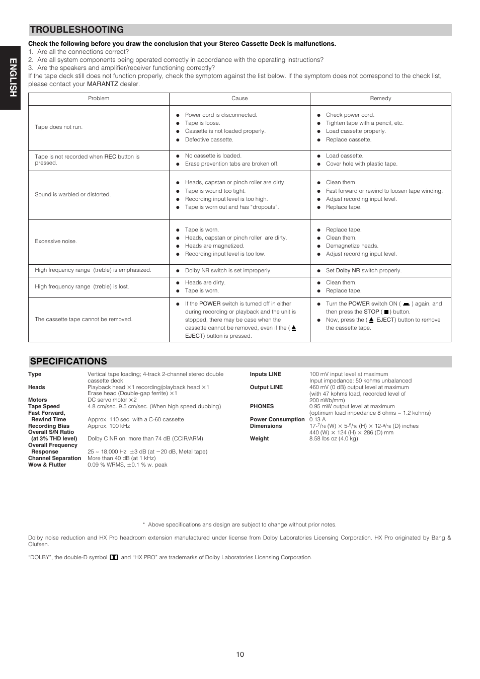 Troubleshooting specifications, English fran ç ais esp a ñ ol | Marantz PMD505 User Manual | Page 15 / 17